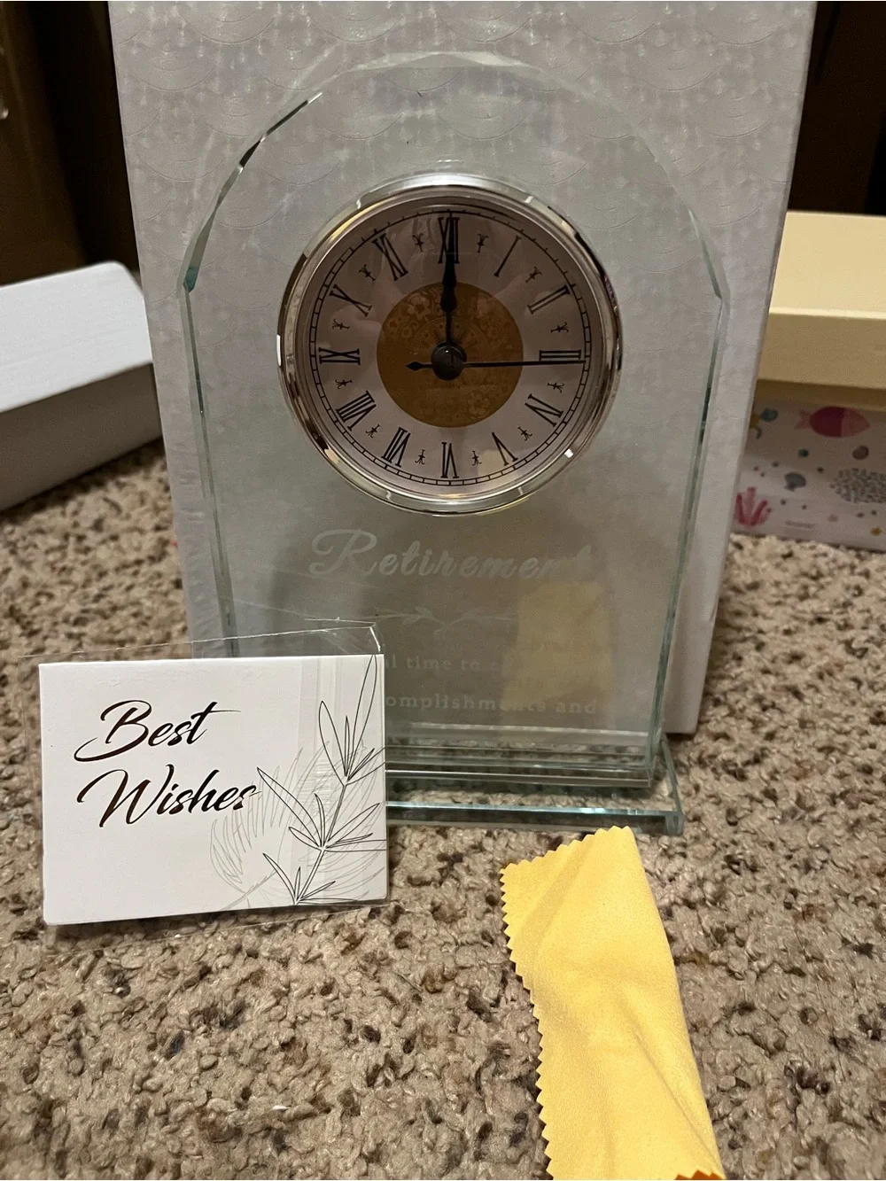 Clear Crystal Desk Clock with Gold Dial and Polished Cloth - Retirement quote